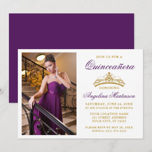 Invitation Photo Couronne or Elégante moderne Quinceanera vio
