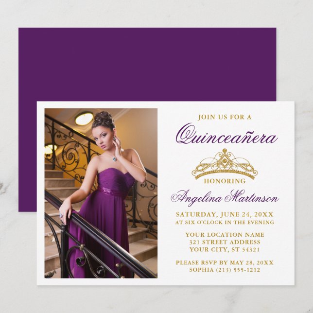 Invitation Photo Couronne or Elégante moderne Quinceanera vio (Devant / Derrière)