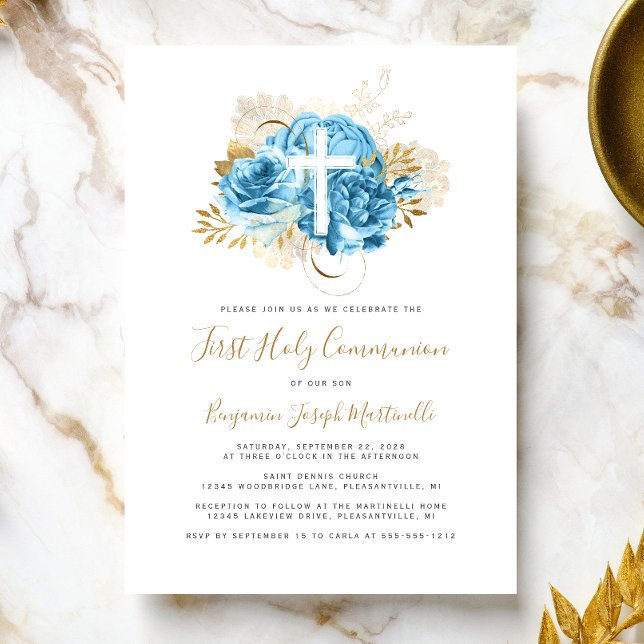 Invitation Photo Croix Bleue Or Floral Première communion (Créateur téléchargé)