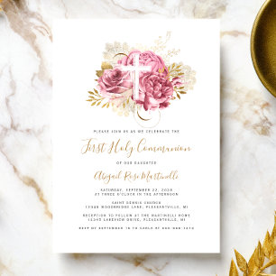 Invitation Photo Croix Rose Or Floral Première communion