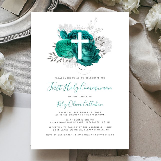 Invitation Photo Croix Turquoise Argent Floral Première commu (Créateur téléchargé)