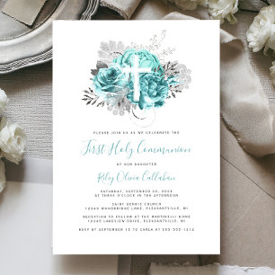 Invitation Photo Cross Aqua Argent Floral Première communion