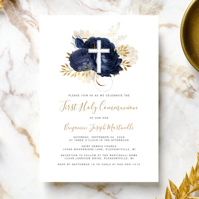 Invitation Photo Cross Navy Blue Gold Floral First Communion (Créateur téléchargé)