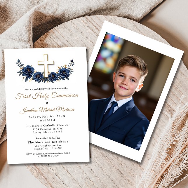 Invitation Photo Cross Navy Blue Gold Floral First Communion (Créateur téléchargé)
