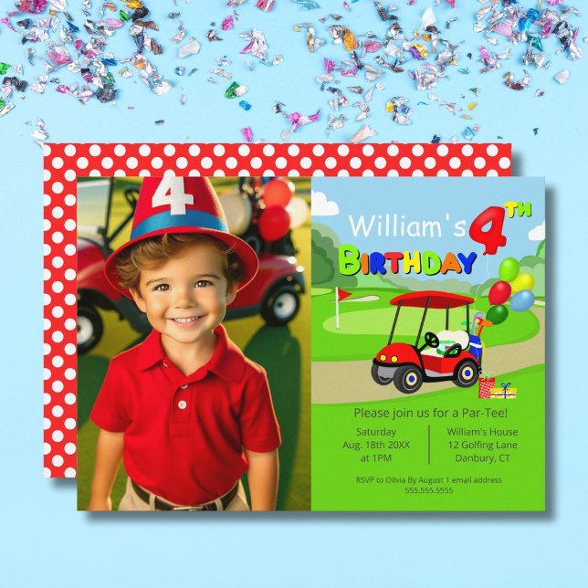Invitation Photo Cute 4th Birthday Red Golf Cart Boy's (Créateur téléchargé)