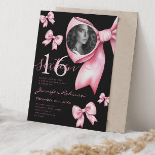 Invitation PHOTO Cute Coquette Blush Pink Bow Sweet 16 Noir