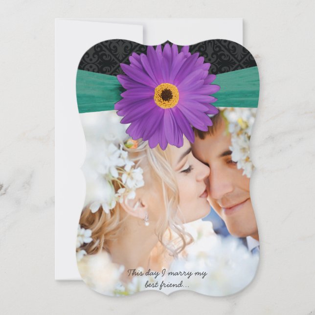 Invitation Photo Damask Lilac Emerald Gerber Daisy Mariage (Devant)