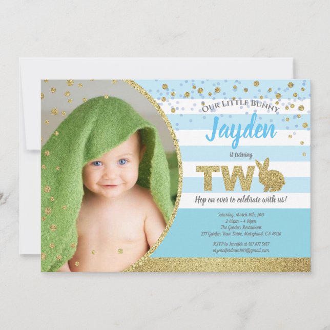Invitation photo d'anniversaire 2 ans de lapin gar (Devant)