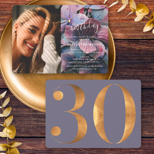 Invitation Photo d'anniversaire 30 ans avec Hortensias Or Pou