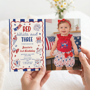 Invitation photo d'anniversaire 3 ans Rouge Blanc