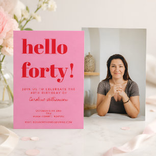 Invitation Photo d'anniversaire 40 ans rose rouge moderne gra