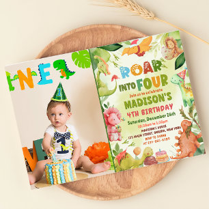 Invitation Photo d'anniversaire 4 ans Roar Four Dinosaur Gree