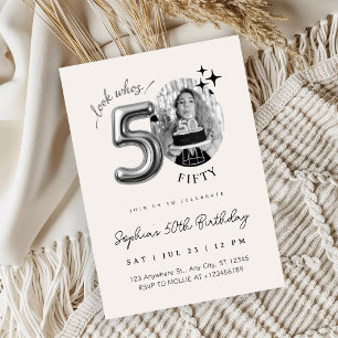 Invitation Photo d'anniversaire 50 ans moderne beige argenté