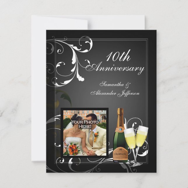 Invitation Photo d'anniversaire au Champagne Noir et Blanc Ar (Devant)