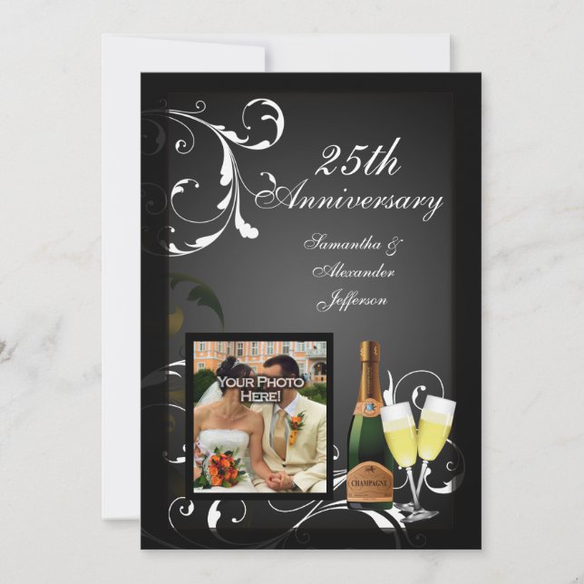 Invitation Photo d'anniversaire au Champagne Noir et Blanc Ar (Devant)