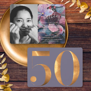 Invitation Photo d'anniversaire de 50 ans avec Hortensias Or 
