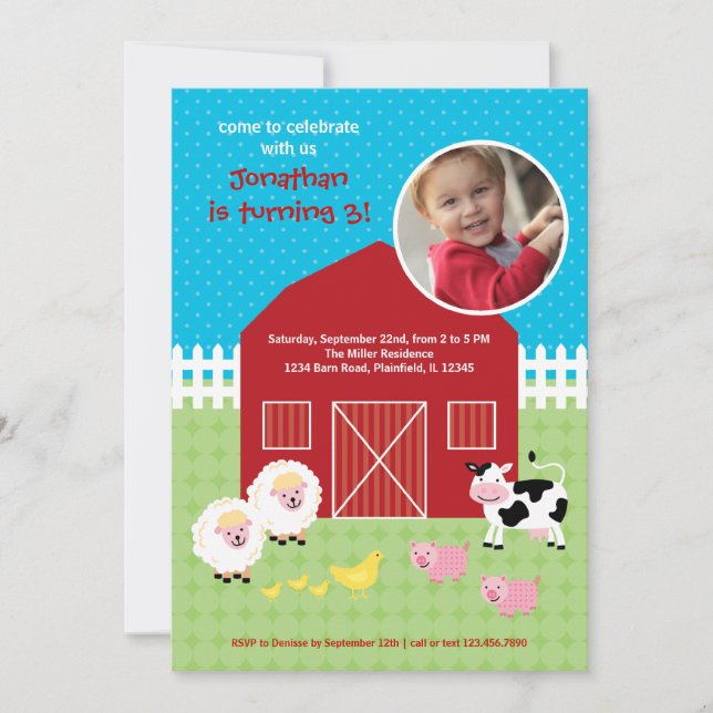 Invitation photo d'anniversaire de Barn Animals (Devant)