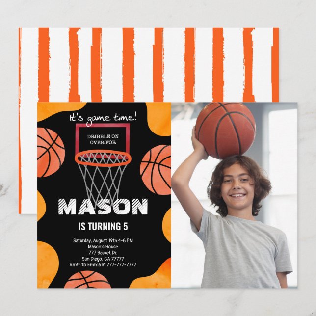 Invitation photo d'anniversaire de basketball (Devant / Derrière)