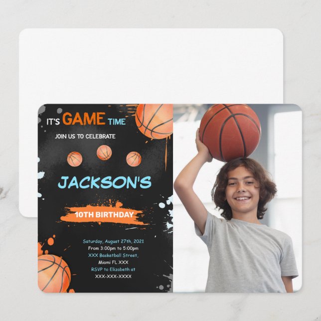 Invitation photo d'anniversaire de basketball (Devant / Derrière)