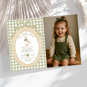Invitation Photo d'anniversaire de Bow Gingham One Silly Goos