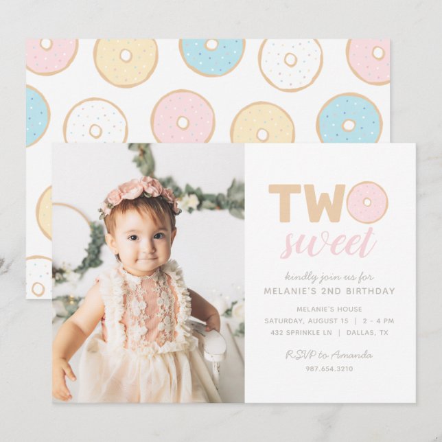 Invitation Photo d'anniversaire de deux beignes pastel (Devant / Derrière)
