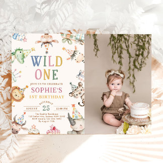 Invitation Photo d'anniversaire de fille avec des animaux de