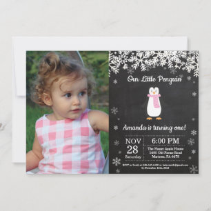 Invitation Photo d'anniversaire de fille en hiver avec pingou