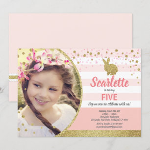 Invitation photo d'anniversaire de fille lapin ros