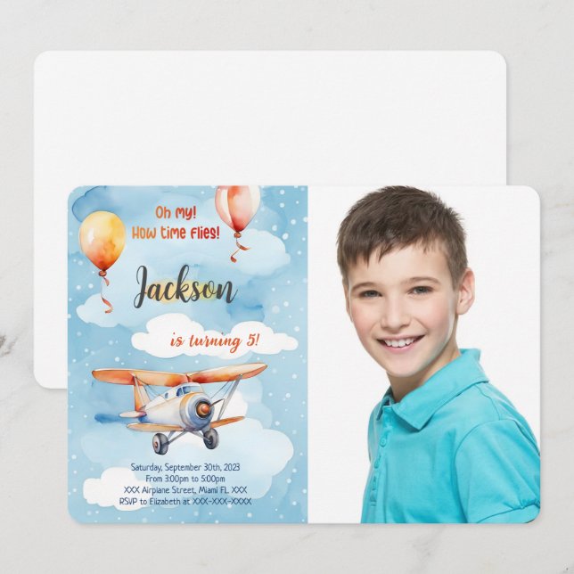 Invitation Photo d'anniversaire de garçon avion (Devant / Derrière)