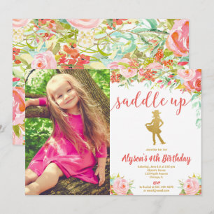 Invitation Photo d'anniversaire de la cowboy fleurie rose et 