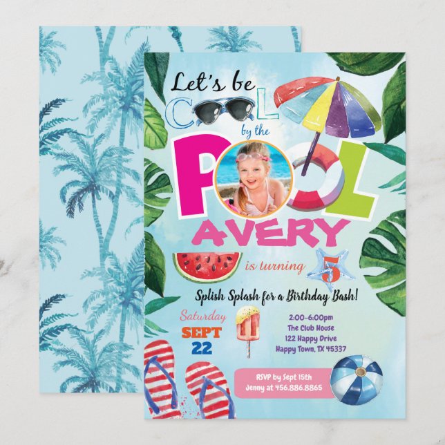 Invitation Photo d'anniversaire de la fête de la piscine de f (Devant / Derrière)