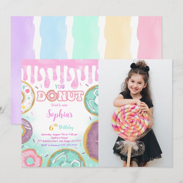 Invitation Photo d'anniversaire de la fête du Donut vert modi (Devant / Derrière)
