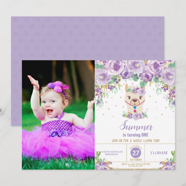 Invitation Photo d'anniversaire de la fille de Cute Llama, fl (Devant / Derrière)