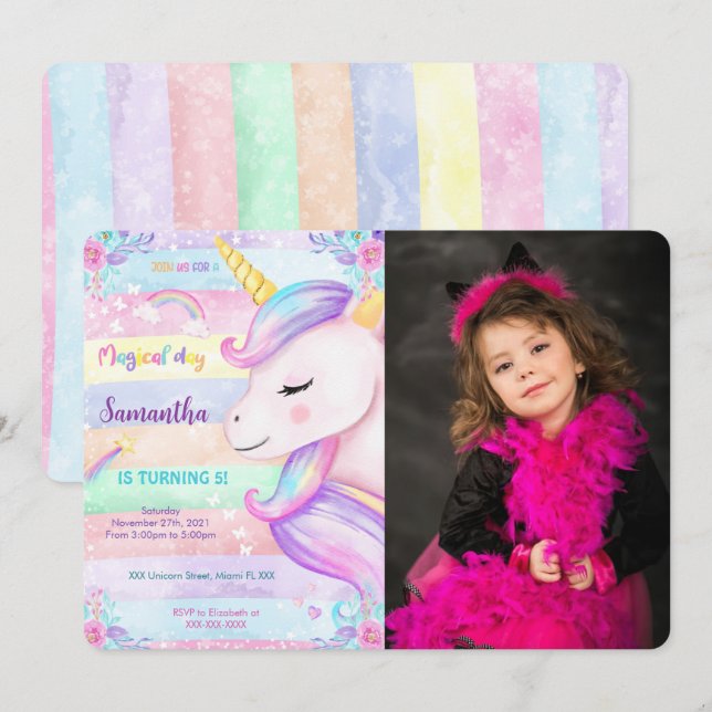 Invitation photo d'anniversaire de licorne magique (Devant / Derrière)