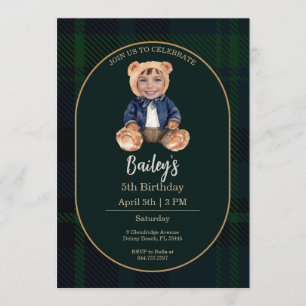 Invitation Photo d'anniversaire de petit ours à carreaux clas
