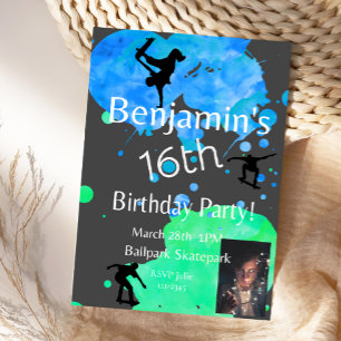 Invitation photo d'anniversaire de skateboard,