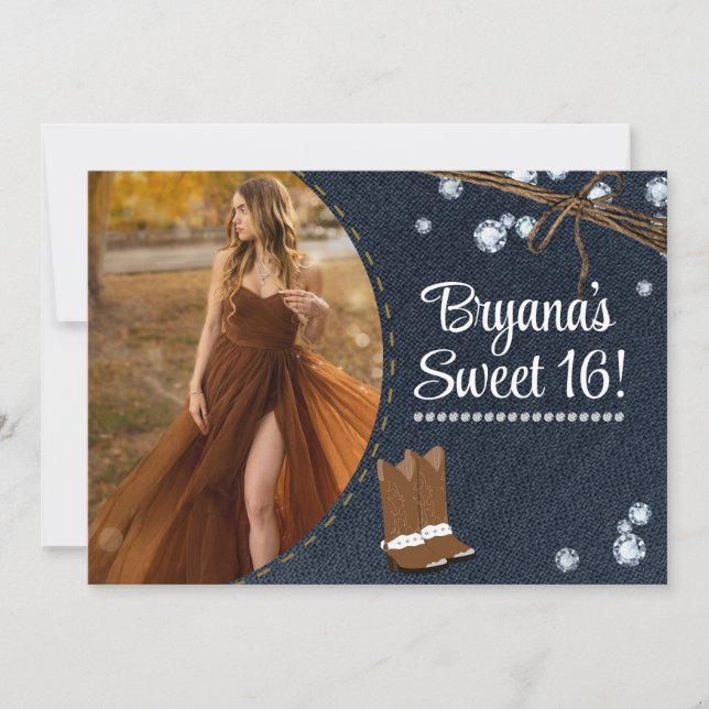 Invitation Photo d'anniversaire de Western Boots Denim & Diam (Devant)