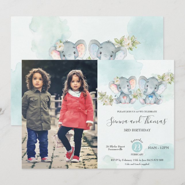 Invitation Photo d'anniversaire des jumeaux Elephant Twins Bo (Devant / Derrière)