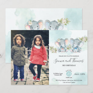 Invitation Photo d'anniversaire des jumeaux Elephant Twins Bo