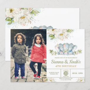 Invitation Photo d'anniversaire des jumeaux éléphants de verd