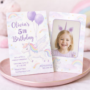 Invitation Photo d'anniversaire Licorne Arc-en-ciel Pastel