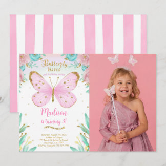 Invitation photo d'anniversaire papillon aquarelle