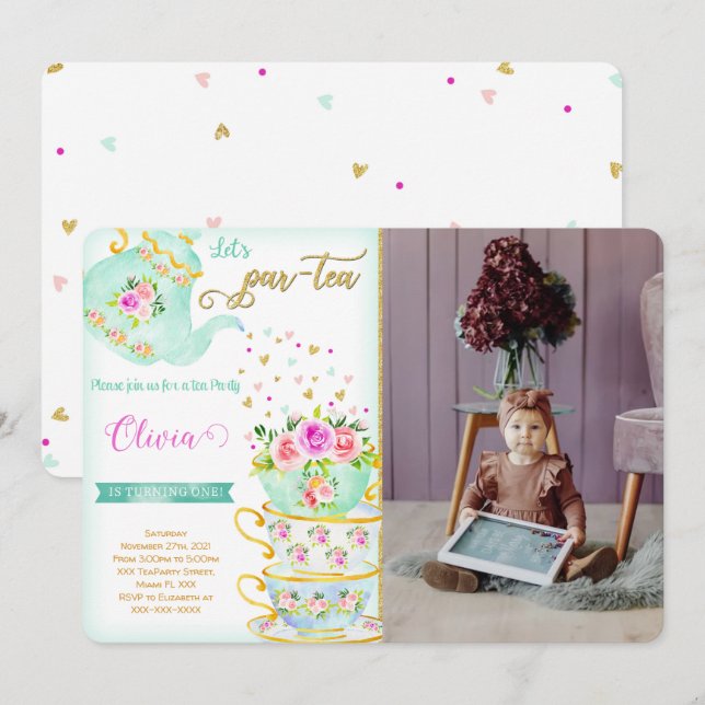 Invitation photo d'anniversaire pour une tea party (Devant / Derrière)