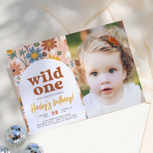 Invitation Photo d'anniversaire Rétro Boho Wildflower 1ère an