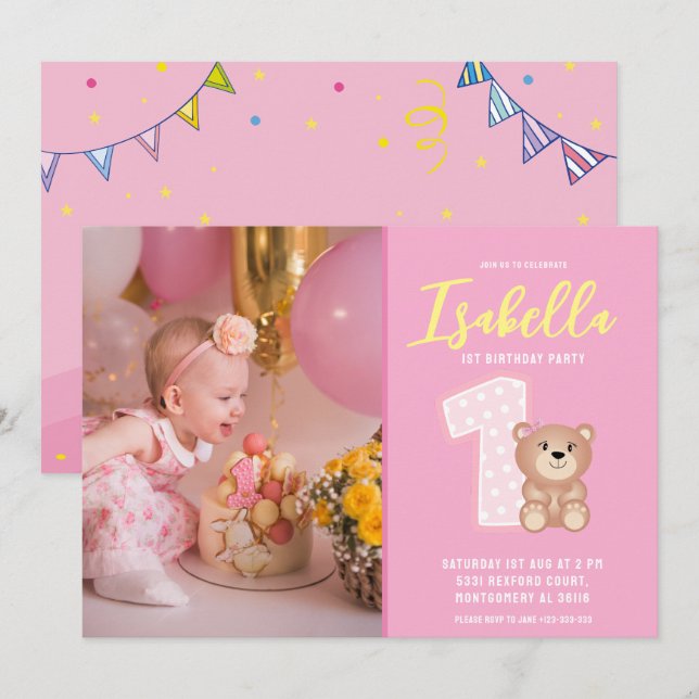 Invitation Photo d'anniversaire simple rose de la petite fill (Devant / Derrière)