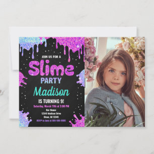 Invitation photo d'anniversaire Slime Party Paille