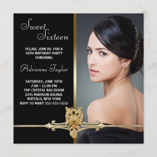 Invitation Photo d'anniversaire Sweet Sixteen Or Noir Léopard