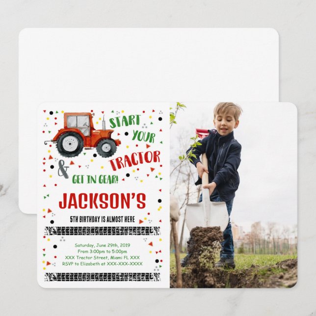 Invitation photo d'anniversaire tracteur (Devant / Derrière)