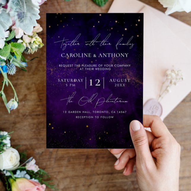 Invitation Photo Dark Purple Aquarelle Mariage d'or magique (Créateur téléchargé)