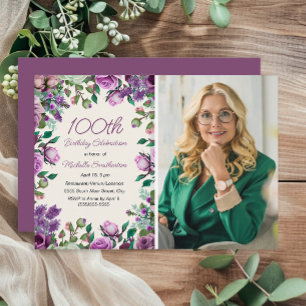 Invitation Photo de 100e anniversaire Fleur Rose Menthe Viole